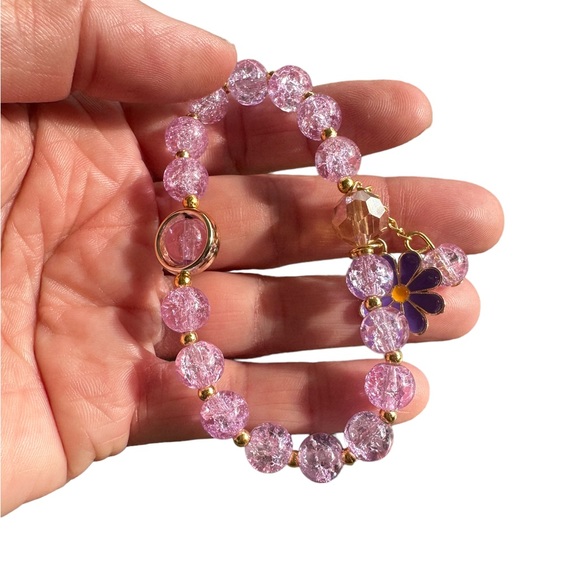 Light Purple and Gold Beaded Stretch Bracelet with Flower Charm - Picture 4 of 5